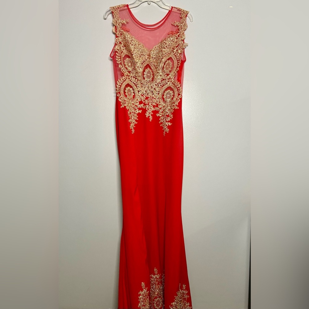 Elegant Red and Gold Evening Gown